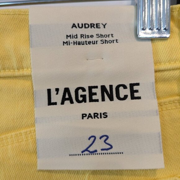 L'AGENCE Shorts Size 23 Yellow Audrey Denim Distressed Raw-Hem Mid-Rise NWT - Picture 11 of 16